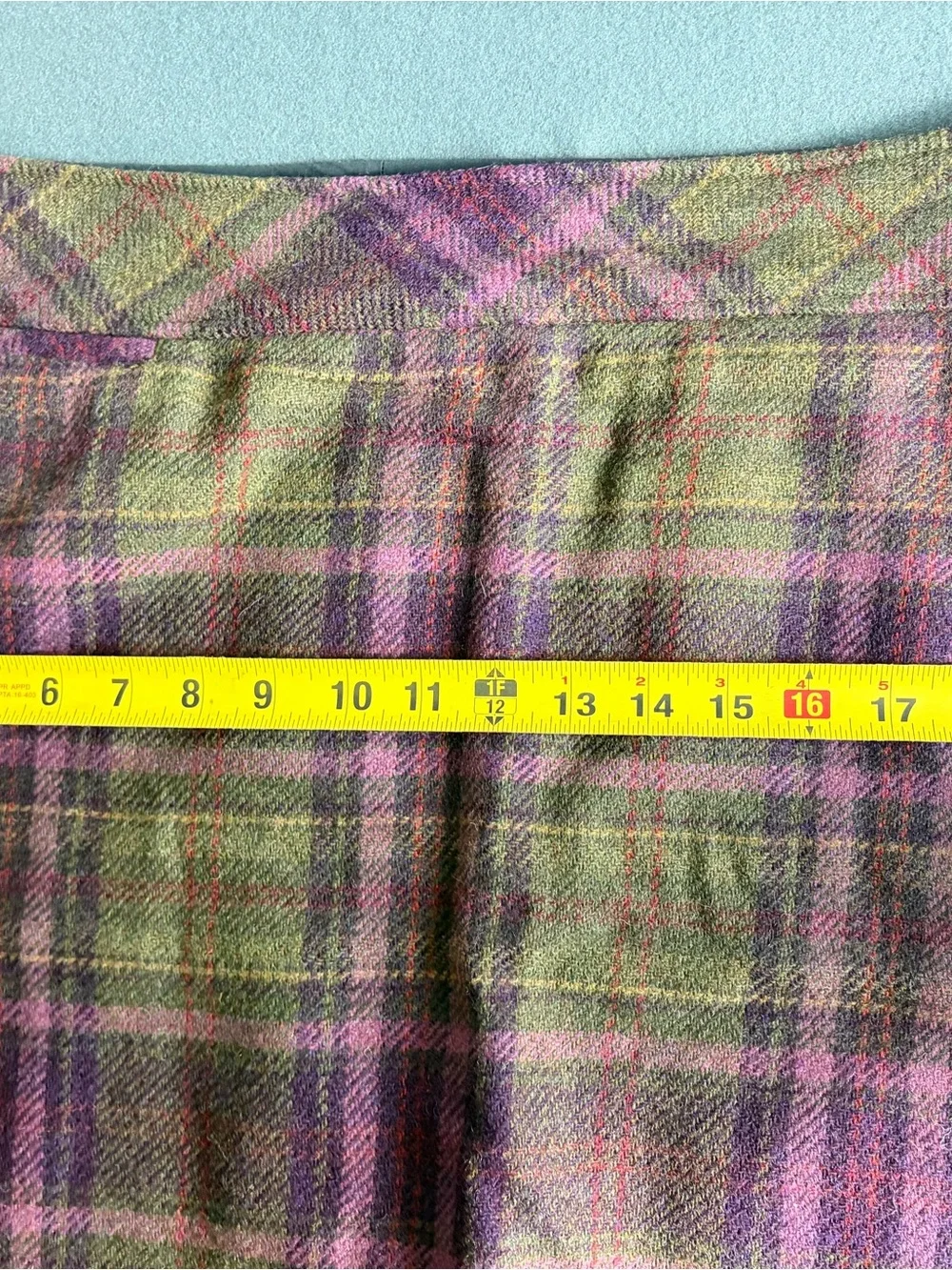 LL Bean Womens Sz 16 A-Line Purple Olive Plaid Wool Blend Skirt Lined, Side Zip